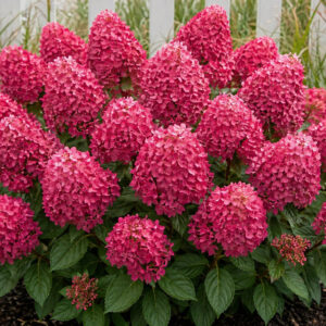 Hydrangea paniculata ‘Bonfire’ hortensia erksate roosakaspunaste õisikutega tihedal põõsal.