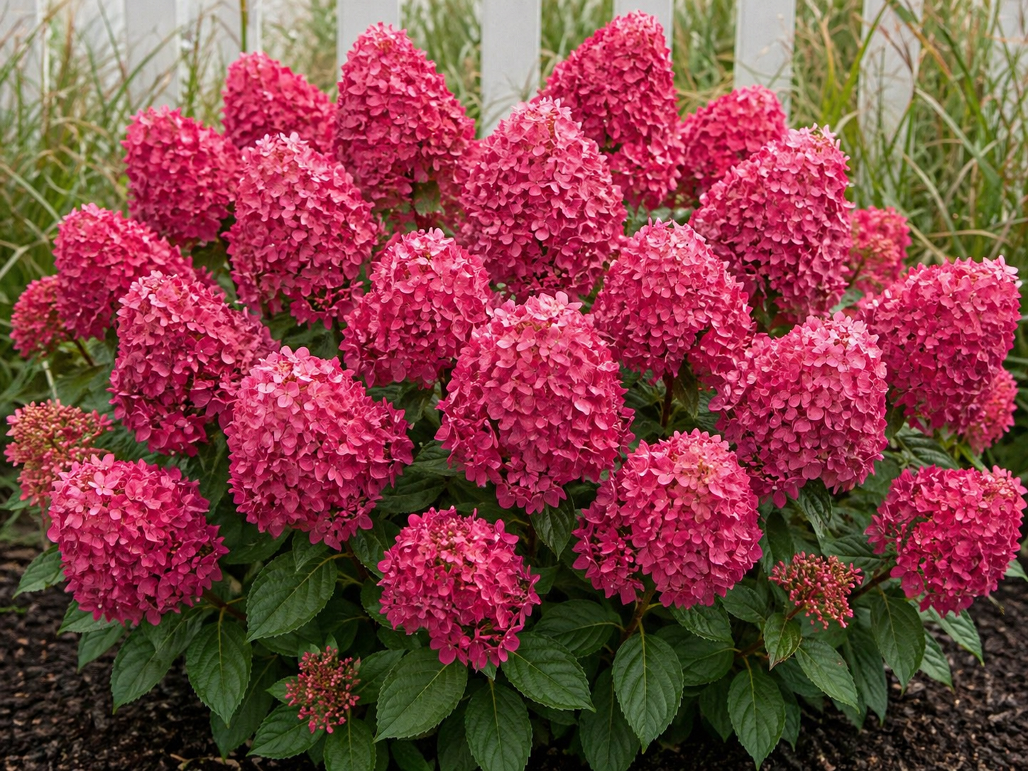 Hydrangea paniculata ‘Bonfire’ hortensia erksate roosakaspunaste õisikutega tihedal põõsal.