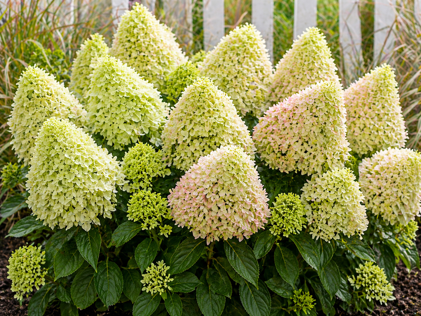 Hydrangea paniculata ‘Bee Happy’ hortensia rohekate ja valkjate õisikutega lähivaates.