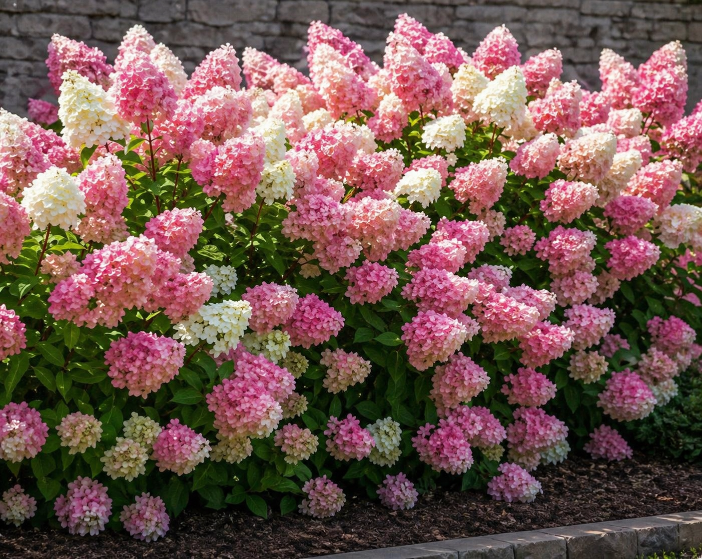 Hydrangea paniculata ‘Vanille Fraise’ hortensia valgest roosani ja punaseni muutuvate suurte õisikutega.