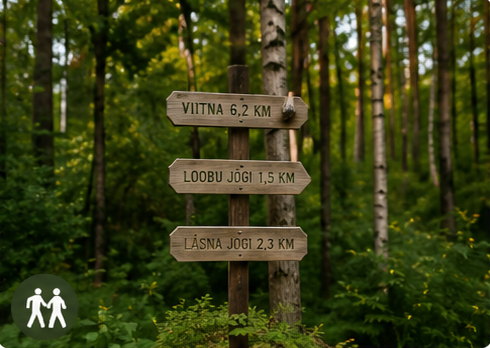 Puidust viidad RMK matkaradade suundadega rohelises metsas