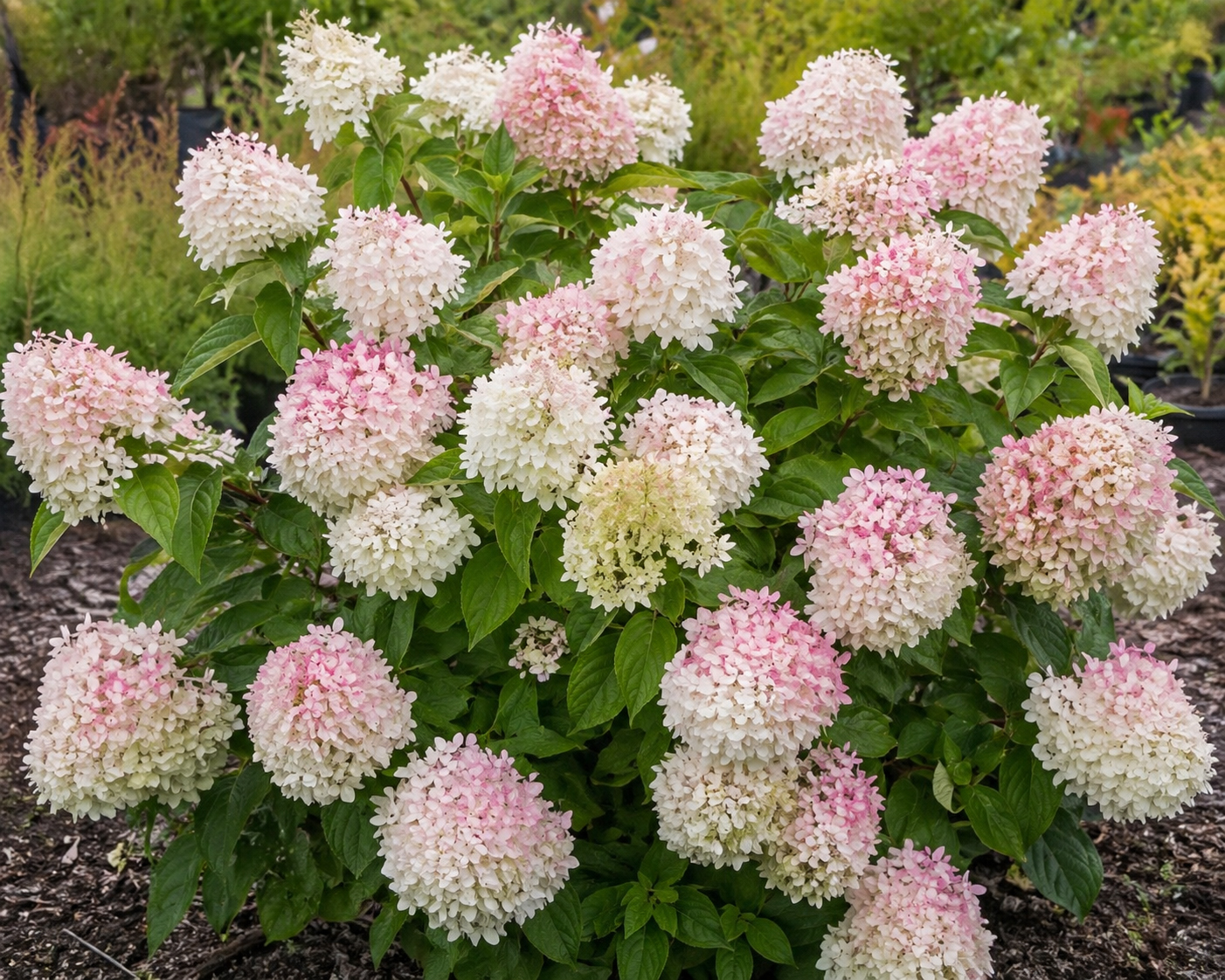 Hydrangea paniculata ‘Grandiflora’ hortensia suurte valgete õisikutega, mis muutuvad roosakaks