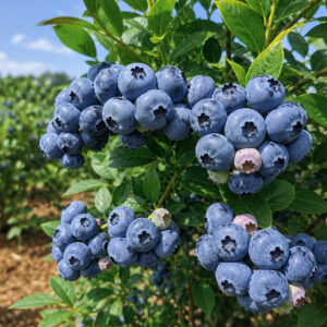 Vaccinium corymbosum ‘Huron’ kännasmustikas suurte siniste marjadega viljuval põõsal.