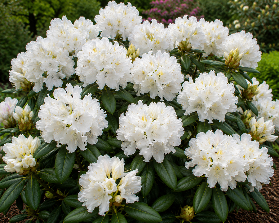 Rododendron “Cunningham’s White” suurte puhasvalgete õiekobarate ja tumerohelise igihalja lehestikuga.