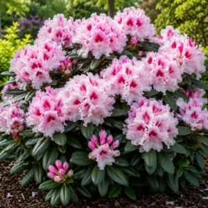 Rododendron “Double Kiss” suurte heleroosade ja tumedama keskosaga õitega igihaljas põõsas.