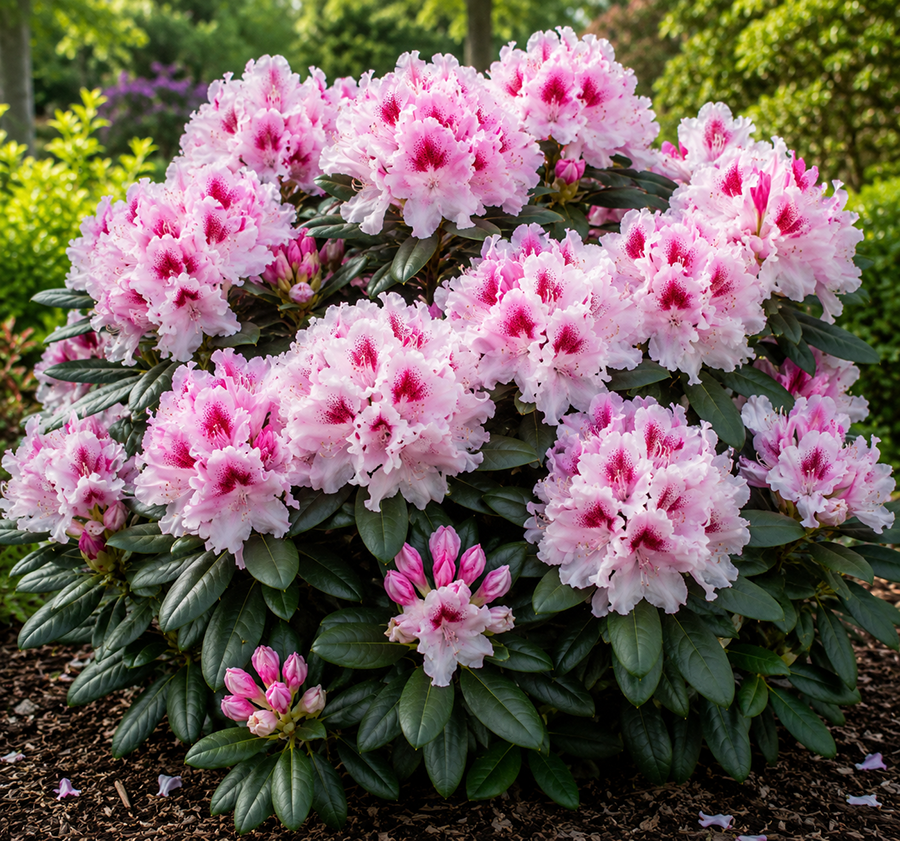 Rododendron “Double Kiss” suurte heleroosade ja tumedama keskosaga õitega igihaljas põõsas.