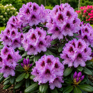 Rododendron “Pfauenauge” suurte õrnlillade õite ja tumeda mustriga igihaljas põõsas.