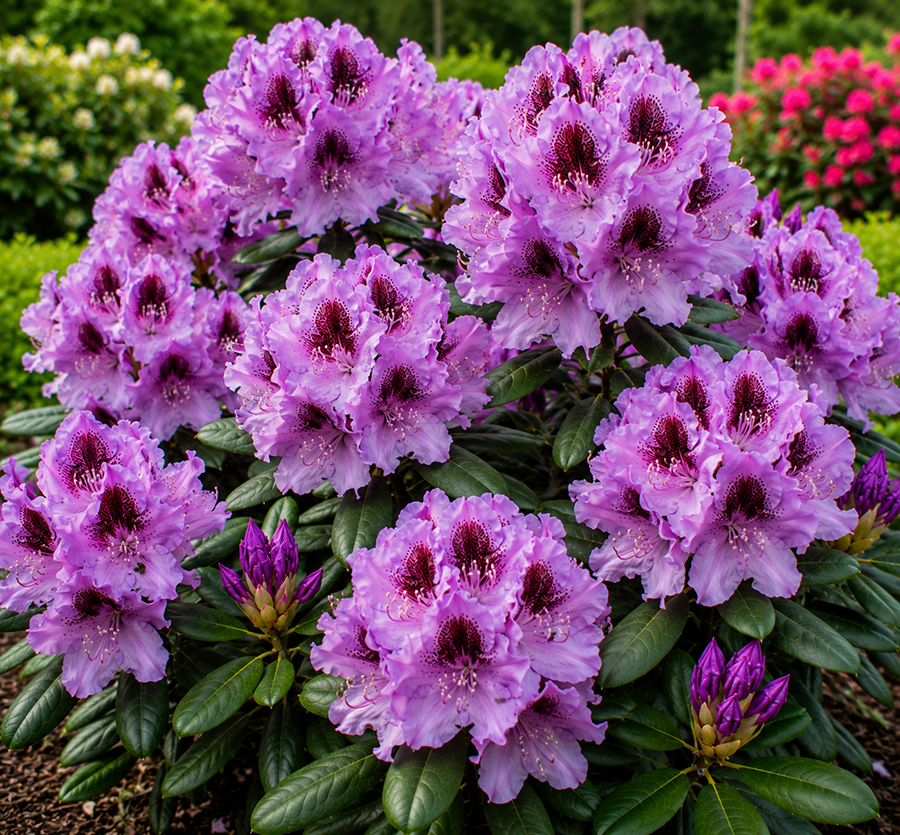 Rododendron “Pfauenauge” suurte õrnlillade õite ja tumeda mustriga igihaljas põõsas.