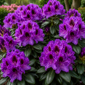 Rododendron “Rasputin” suurte lillakasvioletsete õite ja tumedate mustritega igihaljas põõsas.