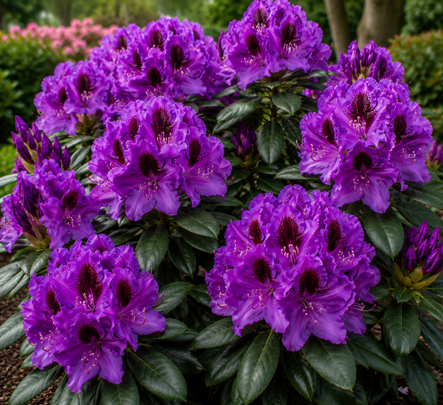 Rododendron “Rasputin” suurte lillakasvioletsete õite ja tumedate mustritega igihaljas põõsas.