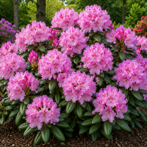Rododendron “Roseum Elegans” suurte roosakaslillade õiekobarate ja tumerohelise igihalja lehestikuga.