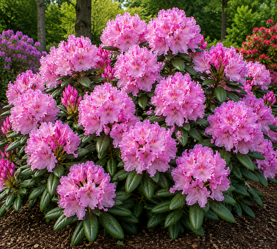 Rododendron “Roseum Elegans” suurte roosakaslillade õiekobarate ja tumerohelise igihalja lehestikuga.